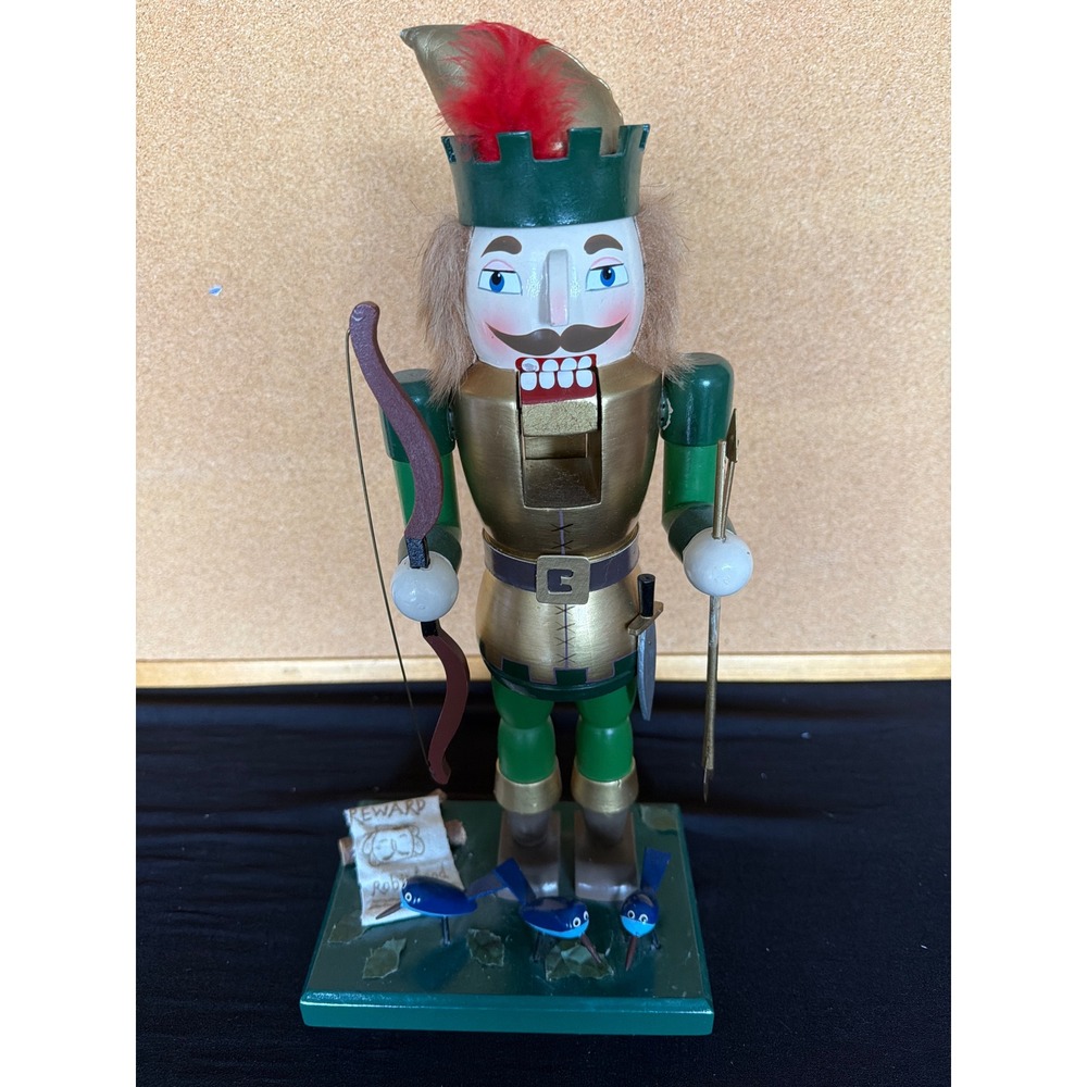 Robin Hood Wooden Nutcracker Figure Green Gold with Bow Arrow and Birds